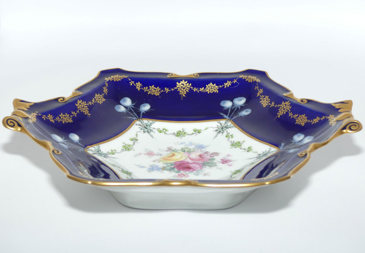 Royal Crown Derby Floral Decor and Rich Blue and Gilt hexagonal handled server | #1 | Pattern 6642 | c.1902