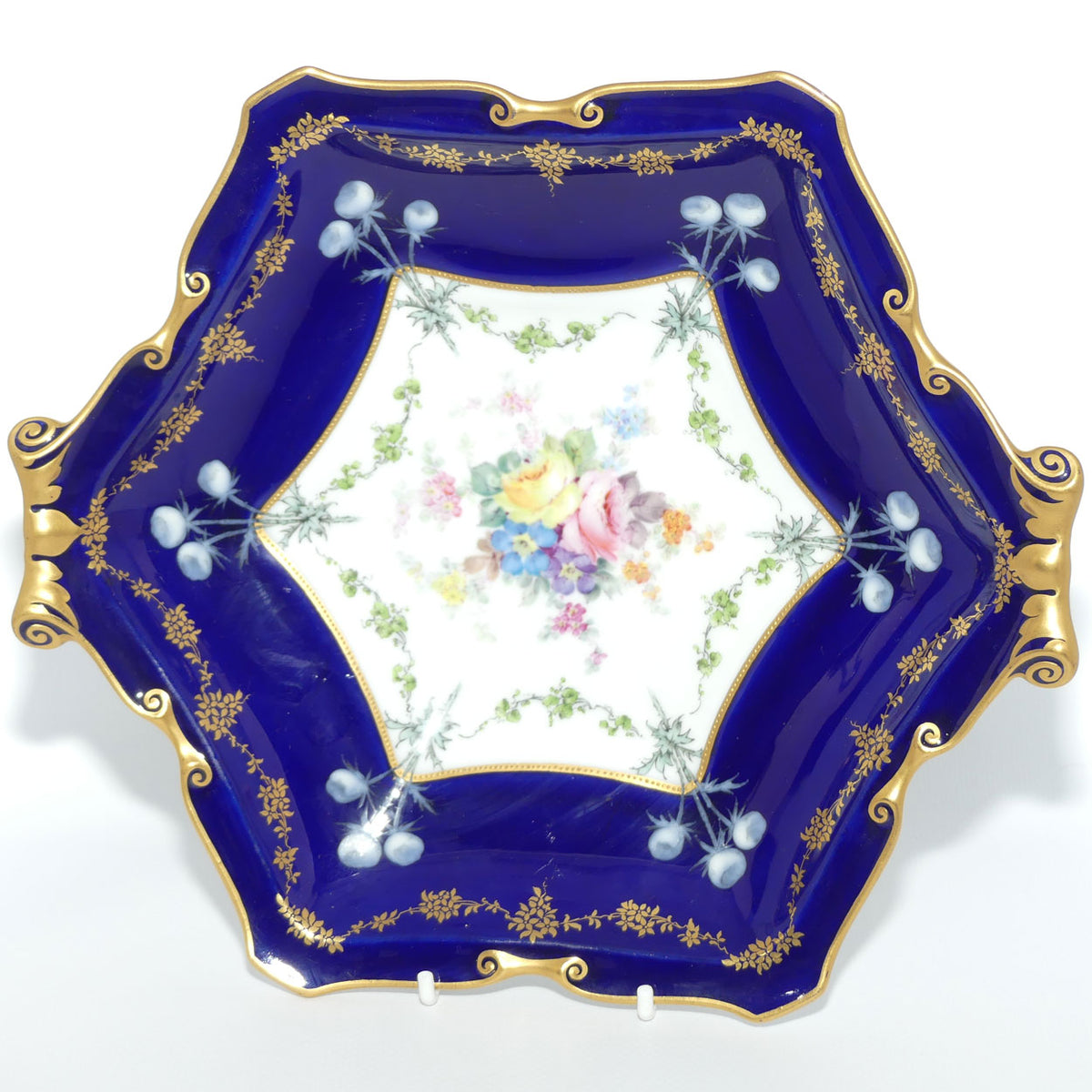 Royal Crown Derby Floral Decor and Rich Blue and Gilt hexagonal handled server | #2 | Pattern 6642 | c.1902