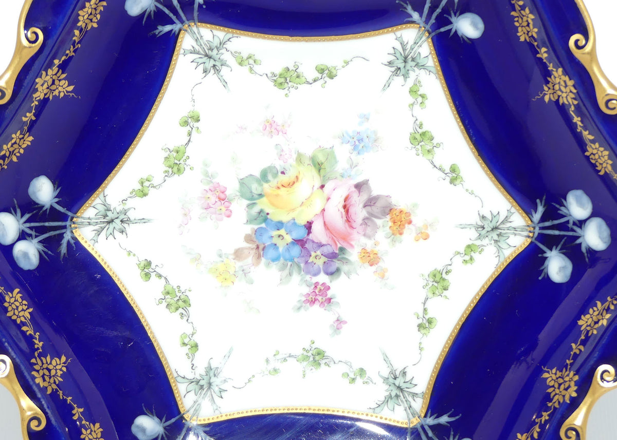 Royal Crown Derby Floral Decor and Rich Blue and Gilt hexagonal handled server | #2 | Pattern 6642 | c.1902
