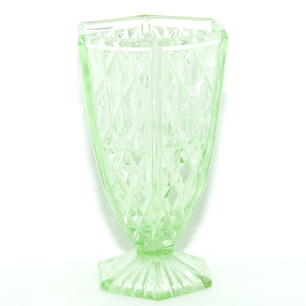Green Depression Glass Hexagonal shape Diamond pattern vase | 15cm tall