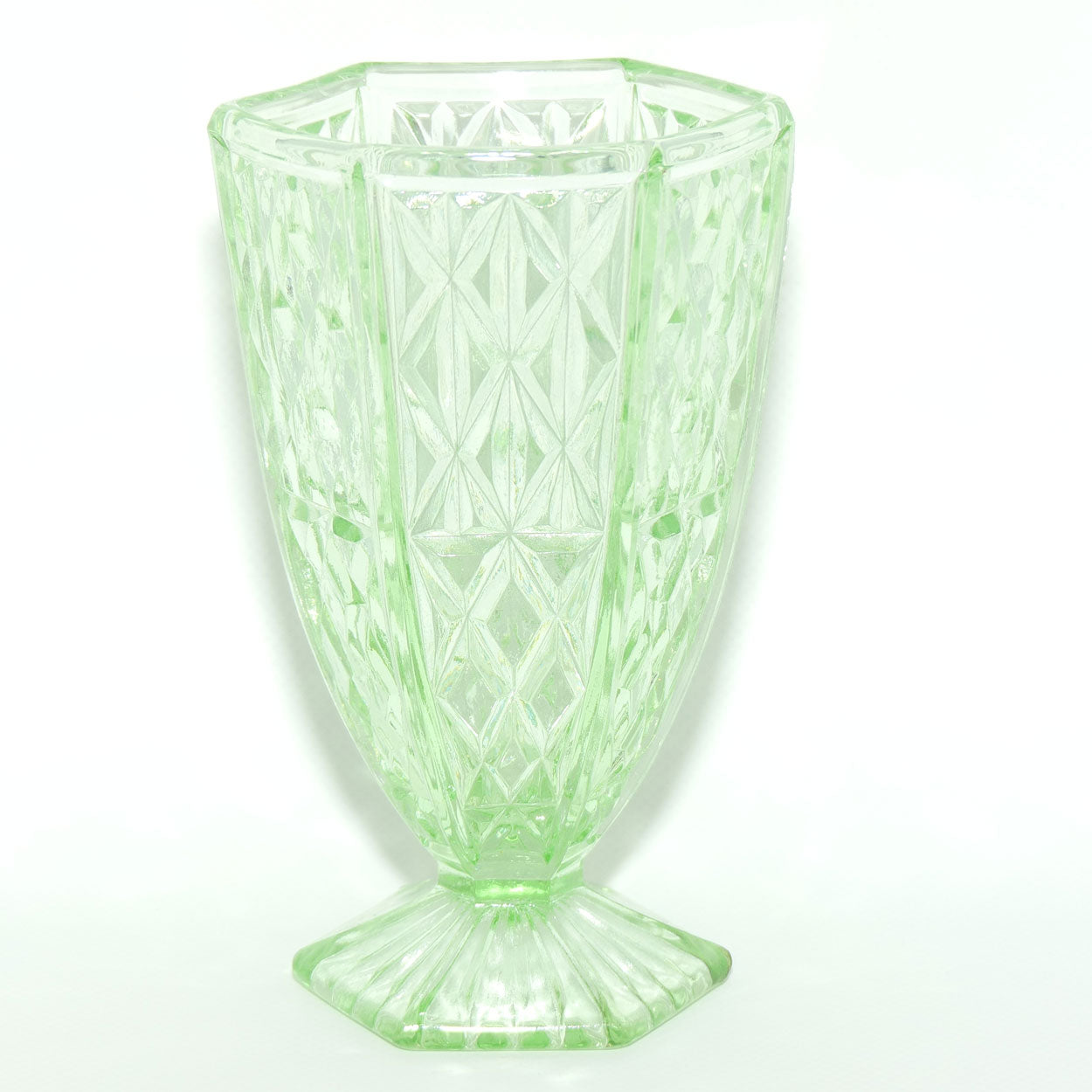 Green Depression Glass Hexagonal shape Diamond pattern vase | 15cm tall