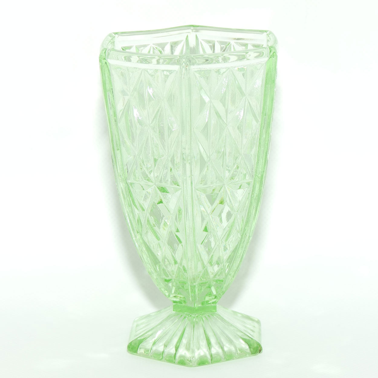 Green Depression Glass Hexagonal shape Diamond pattern vase | 15cm tall