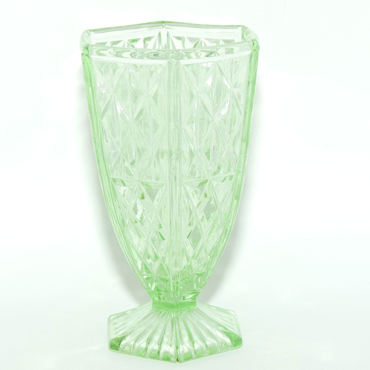 Green Depression Glass Hexagonal shape Diamond pattern vase | 15cm tall