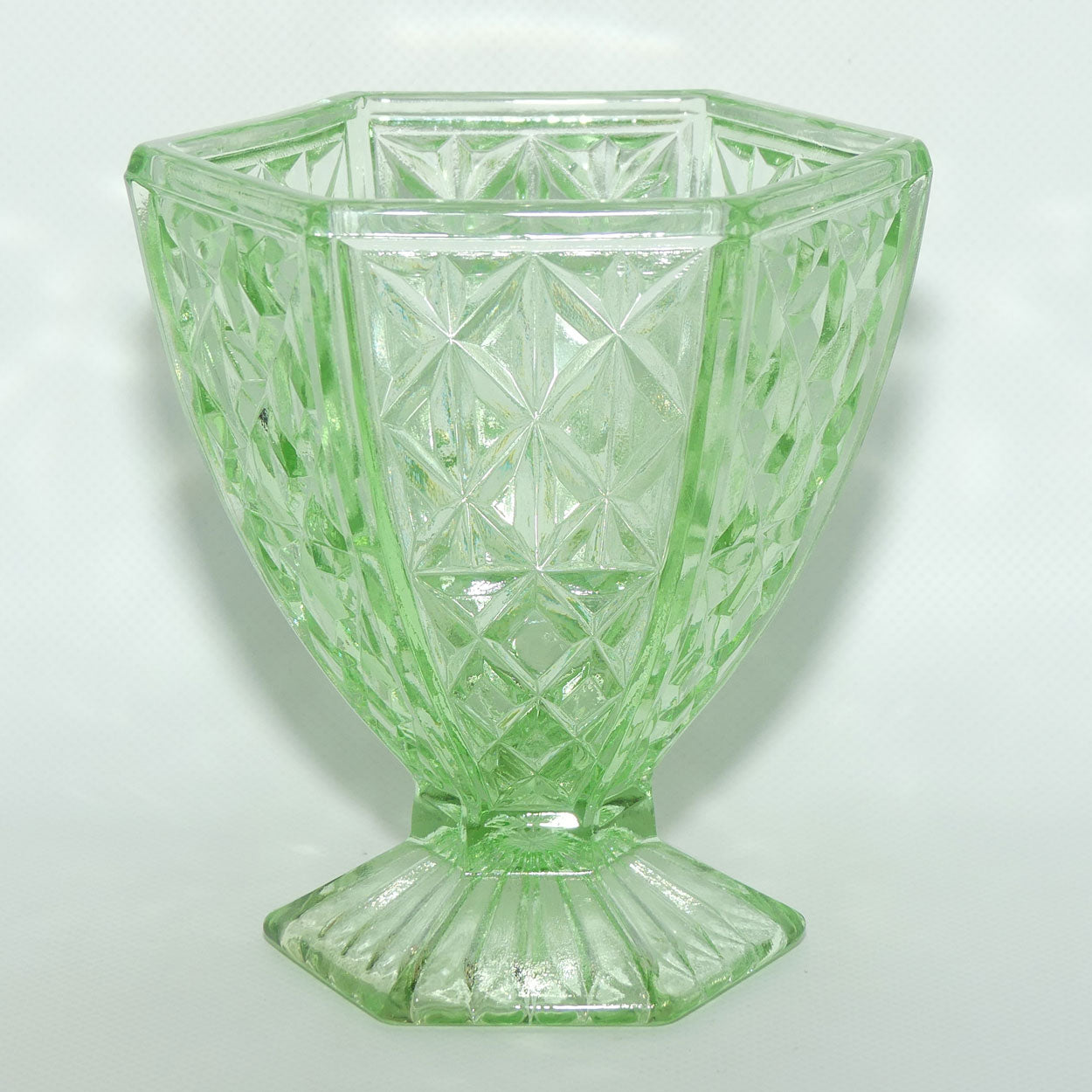 Green Depression Glass Hexagonal shape Diamond pattern vase | 14cm tall