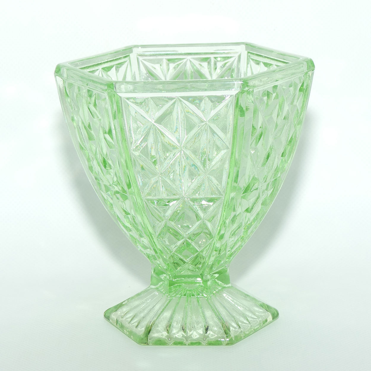Green Depression Glass Hexagonal shape Diamond pattern vase | 14cm tall