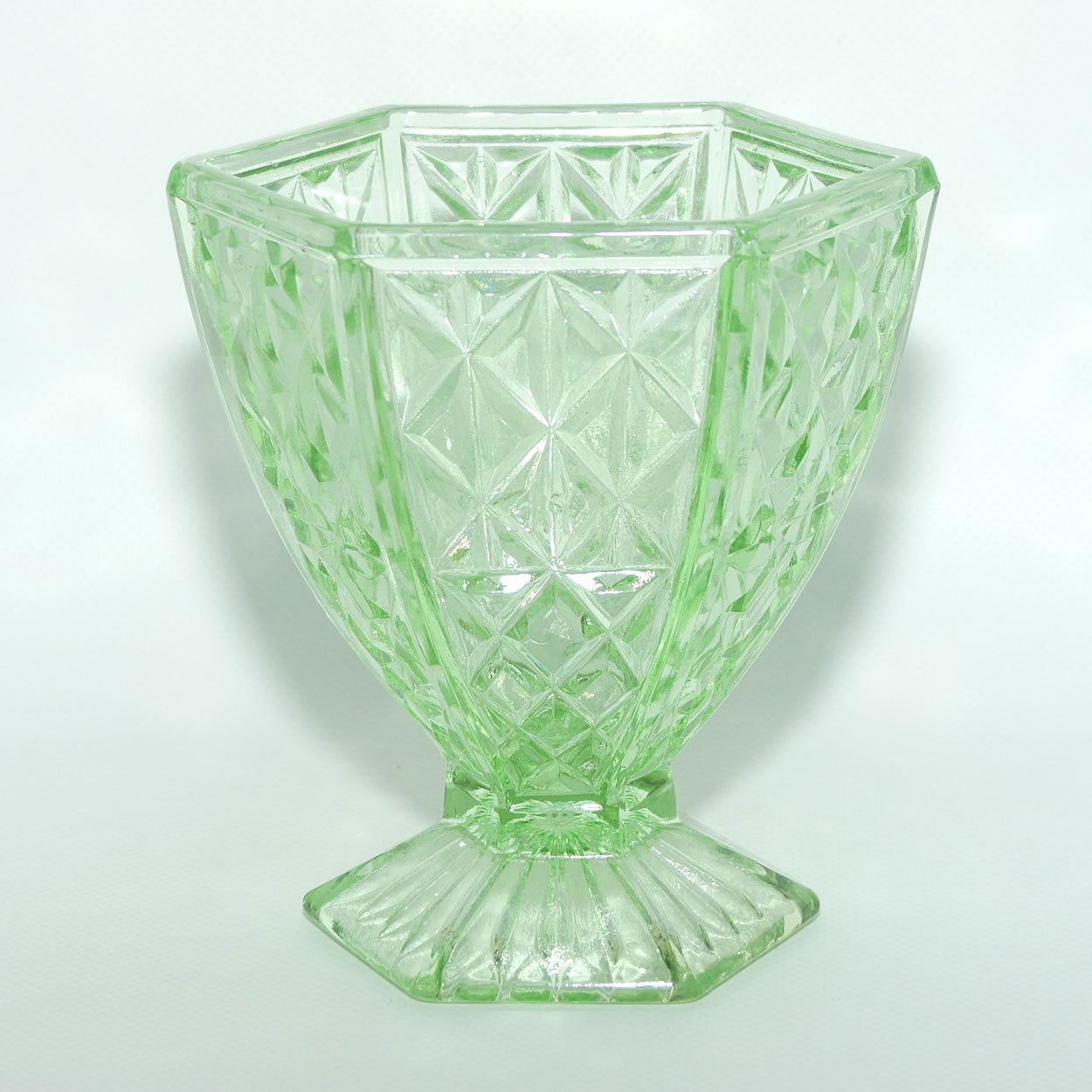Green Depression Glass Hexagonal shape Diamond pattern vase | 14cm tall