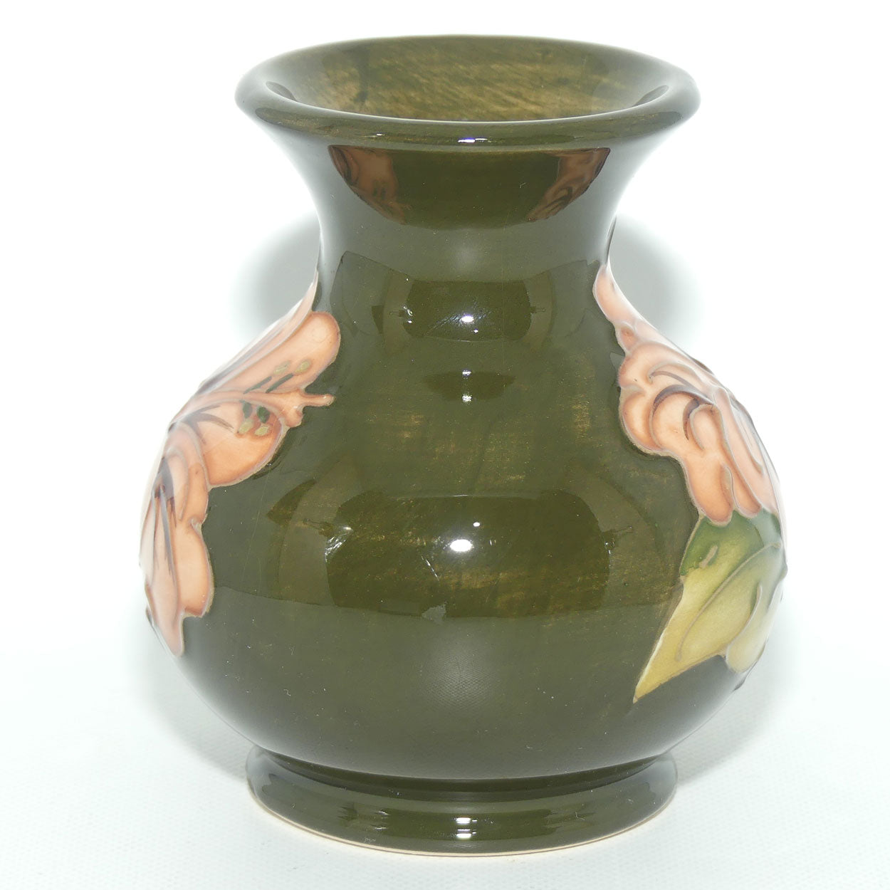 Walter Moorcroft Coral Hibiscus (Green) small vase | Ovoid Body | Wide Rim