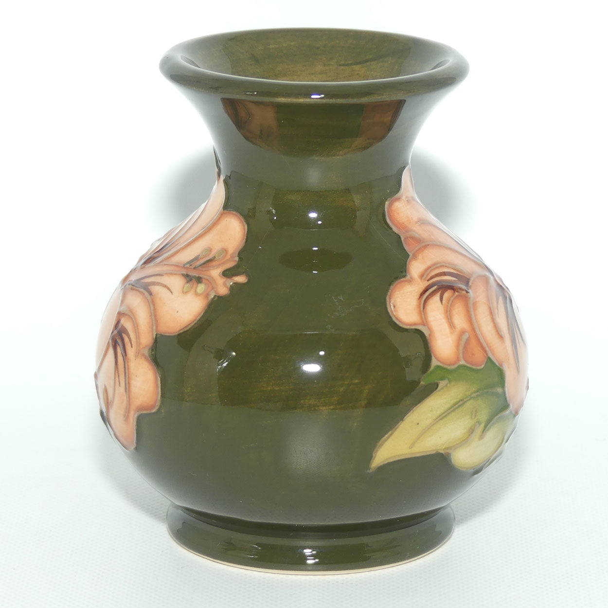 Walter Moorcroft Coral Hibiscus (Green) small vase | Ovoid Body | Wide Rim