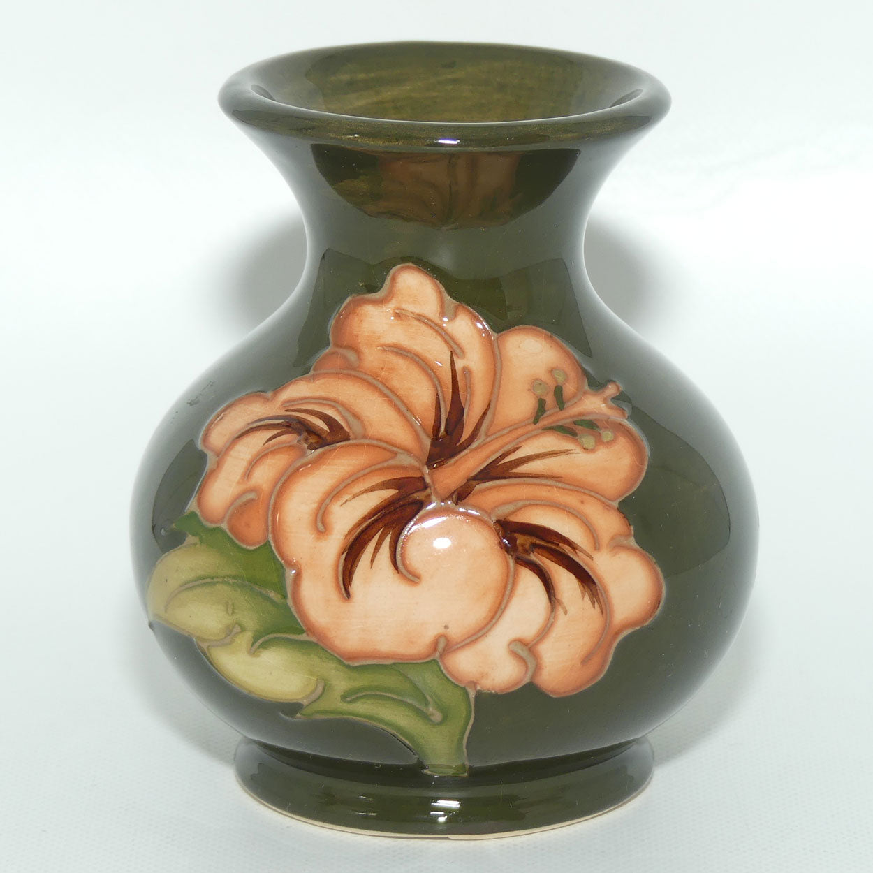 Walter Moorcroft Coral Hibiscus (Green) small vase | Ovoid Body | Wide Rim
