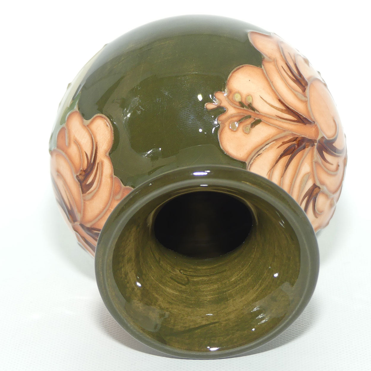 Walter Moorcroft Coral Hibiscus (Green) small vase | Ovoid Body | Wide Rim