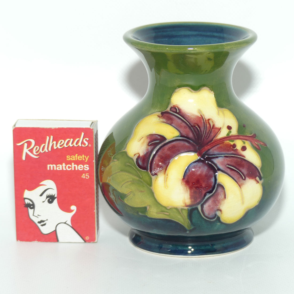 Walter Moorcroft Hibiscus (Green) small vase | Ovoid Body | Wide Rim