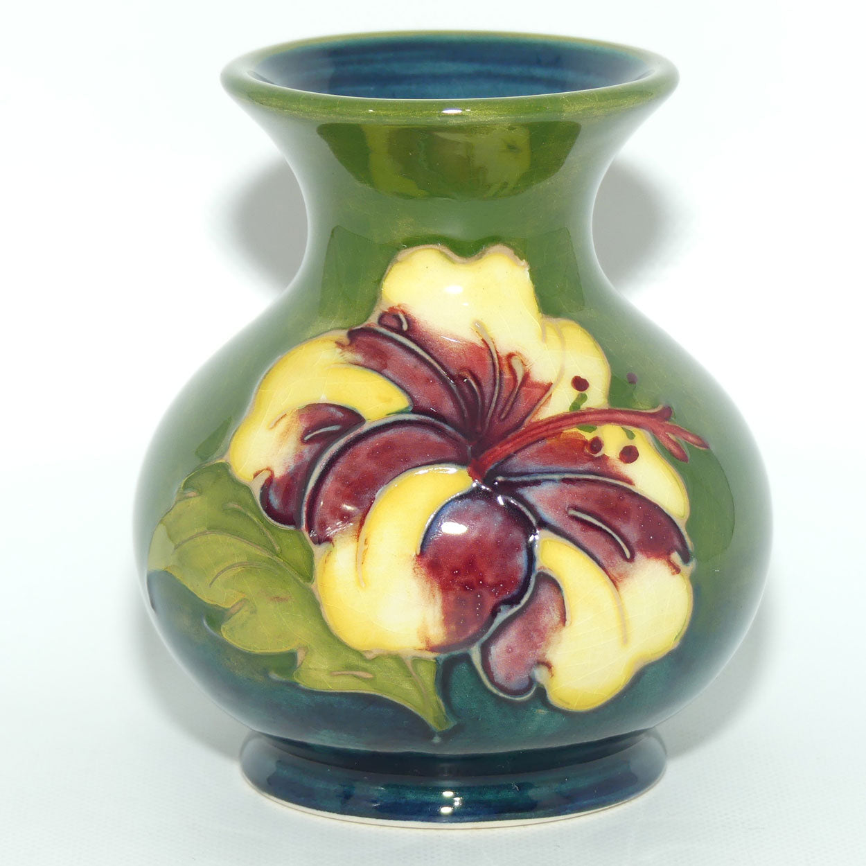 Walter Moorcroft Hibiscus (Green) small vase | Ovoid Body | Wide Rim