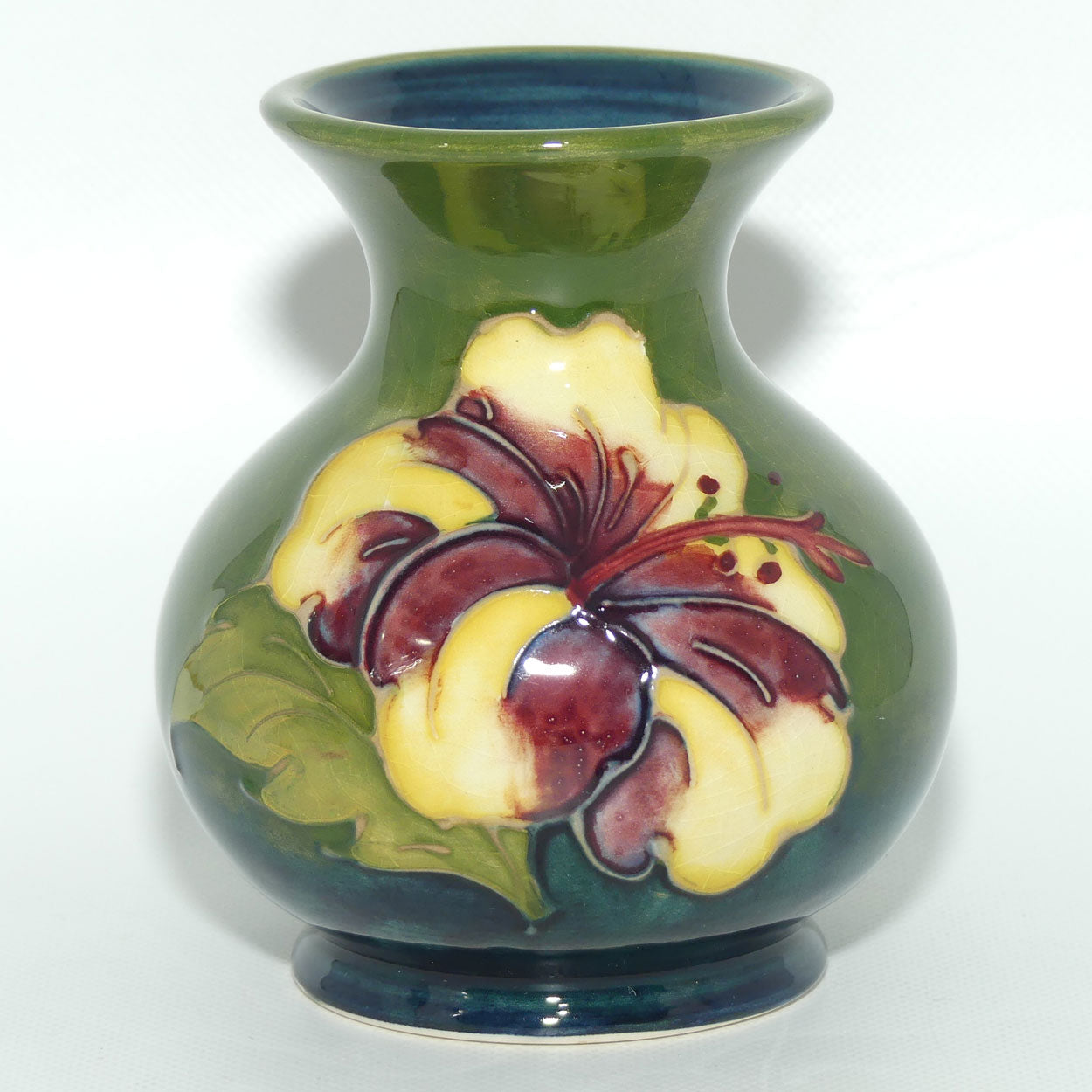 Walter Moorcroft Hibiscus (Green) small vase | Ovoid Body | Wide Rim