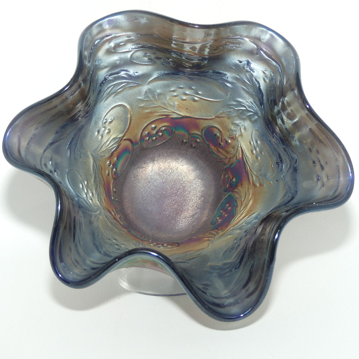 Fenton Carnival Glass bowl | Holly pattern | Grey Blue on Blue colour
