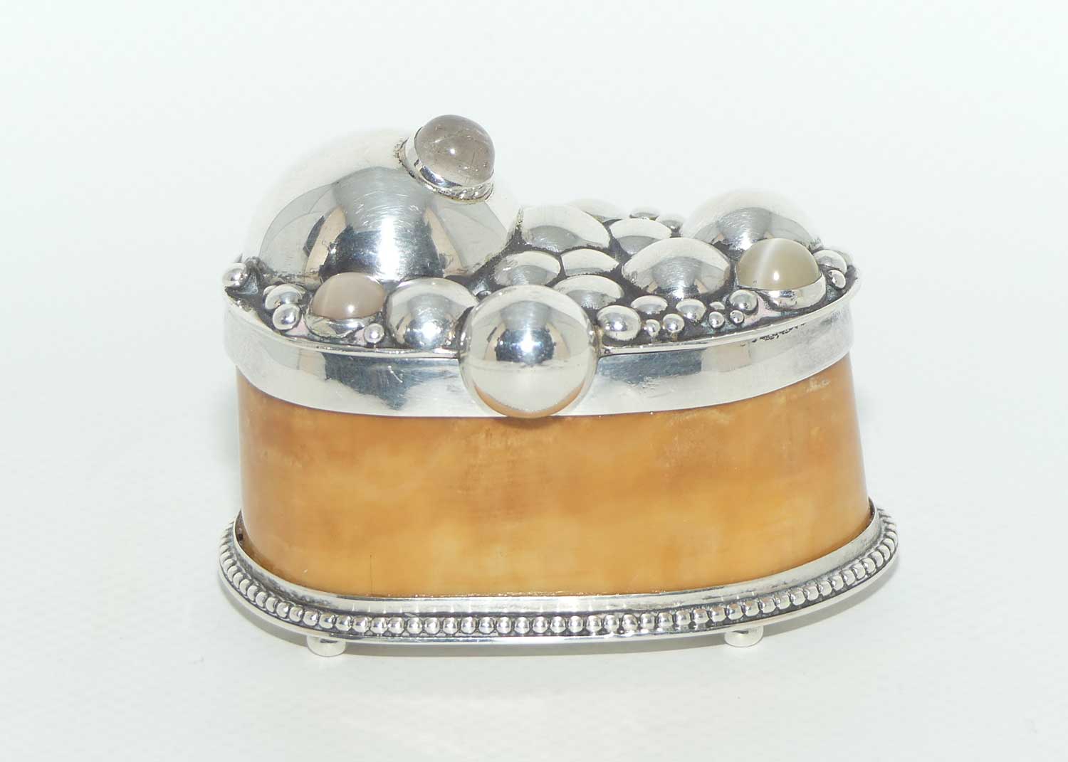 Sterling Silver and Horn trinket box or snuff box | Set with Cabochon Crystals
