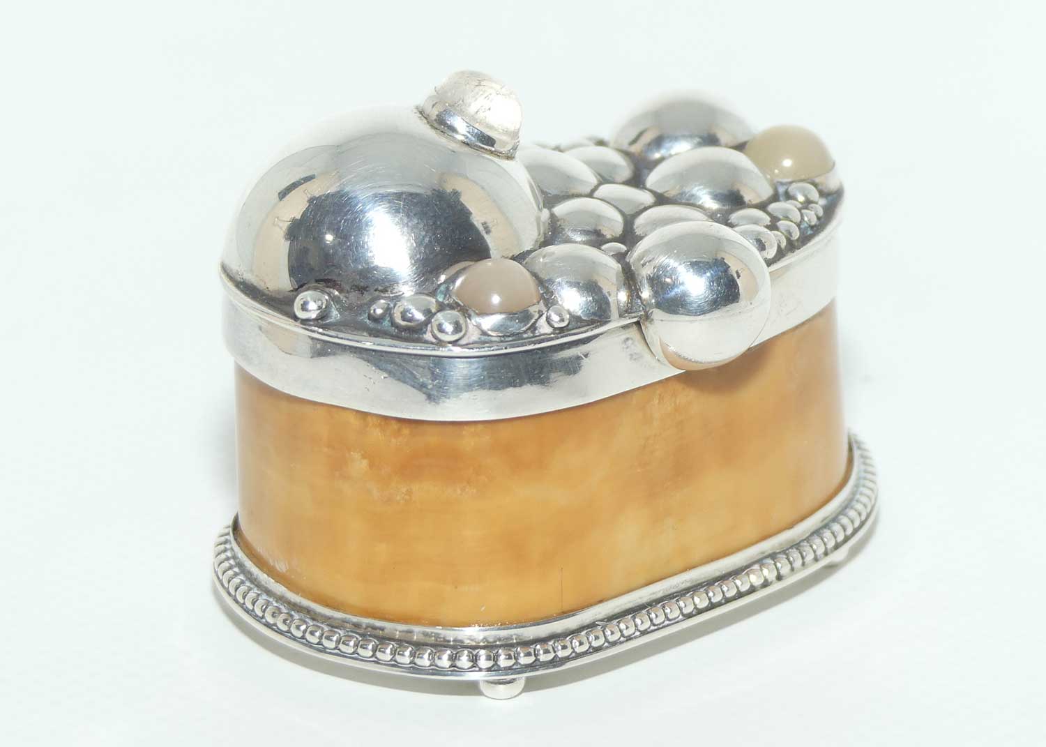 Sterling Silver and Horn trinket box or snuff box | Set with Cabochon Crystals