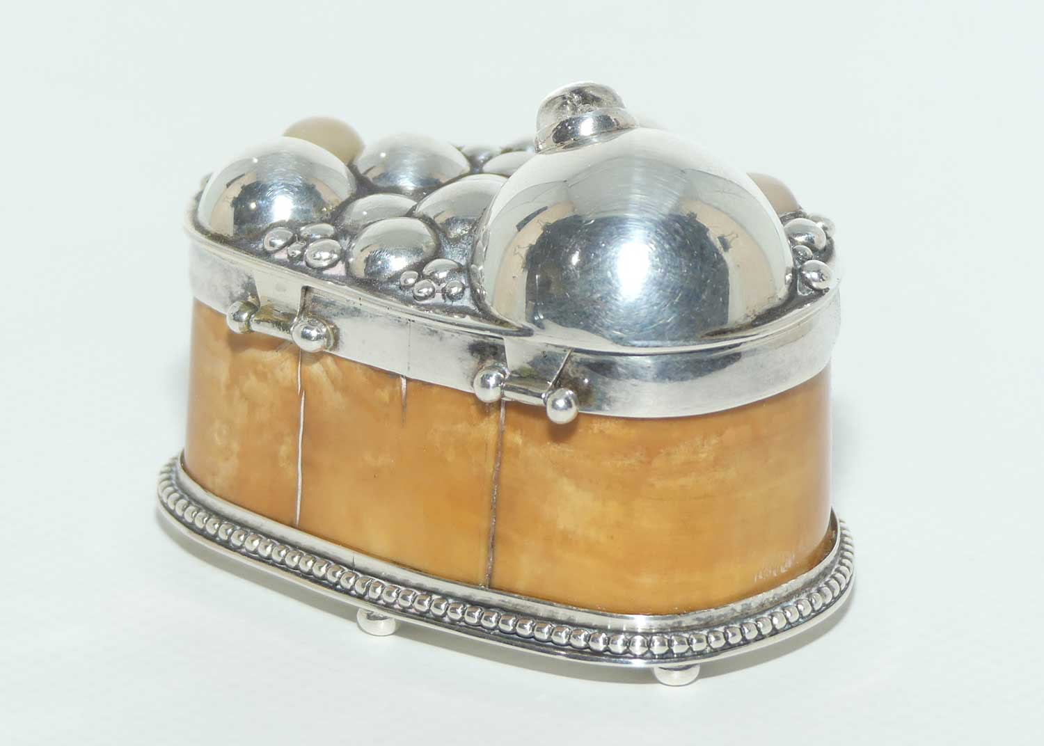 Sterling Silver and Horn trinket box or snuff box | Set with Cabochon Crystals