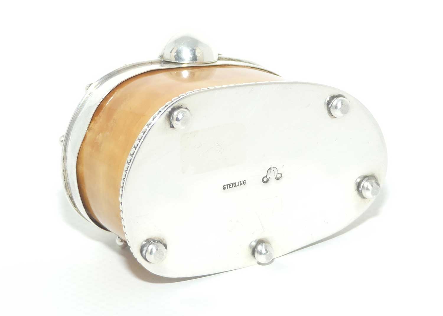 Sterling Silver and Horn trinket box or snuff box | Set with Cabochon Crystals