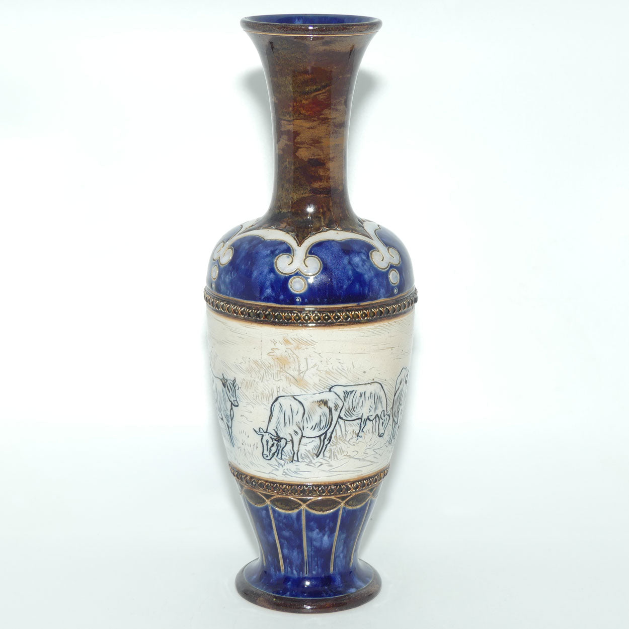 Doulton Lambeth Hannah Barlow tall vase with Horses and Cattle