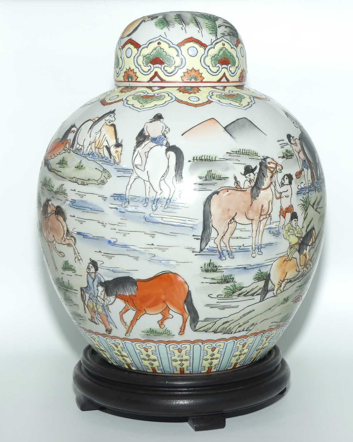 Mid Century Chinese Ginger Jar on stand | Decorated with many Horses