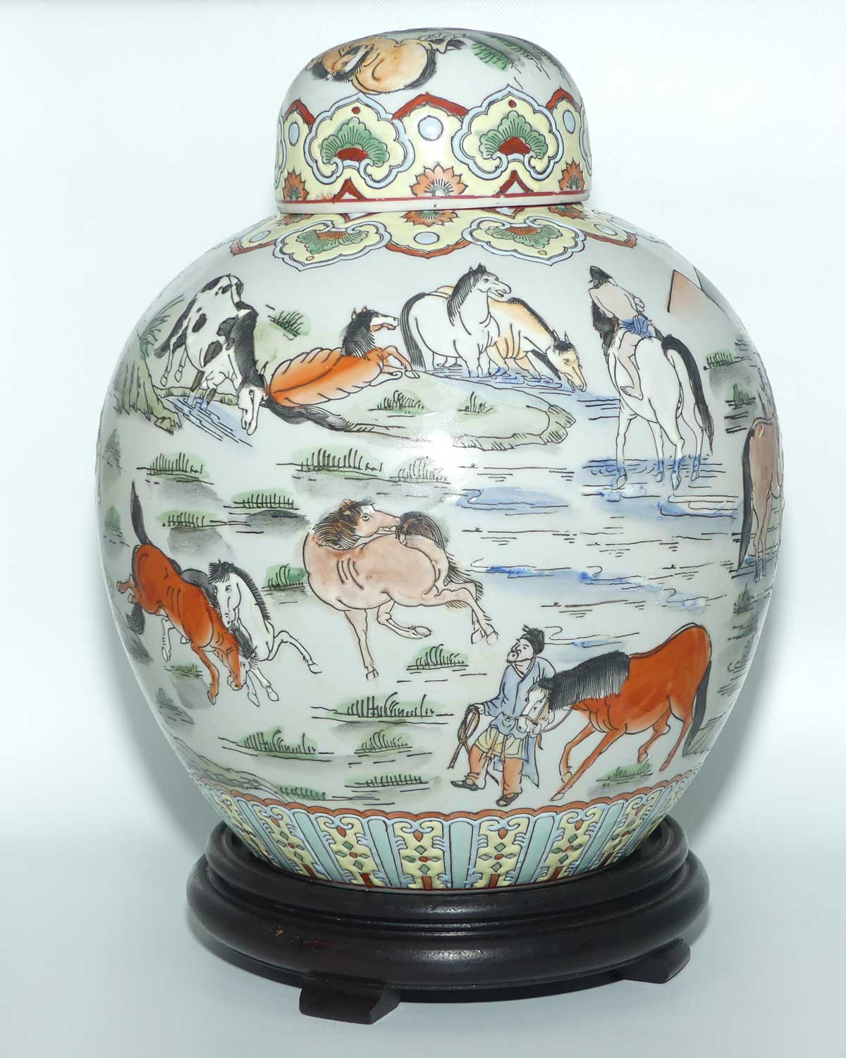 Mid Century Chinese Ginger Jar on stand | Decorated with many Horses