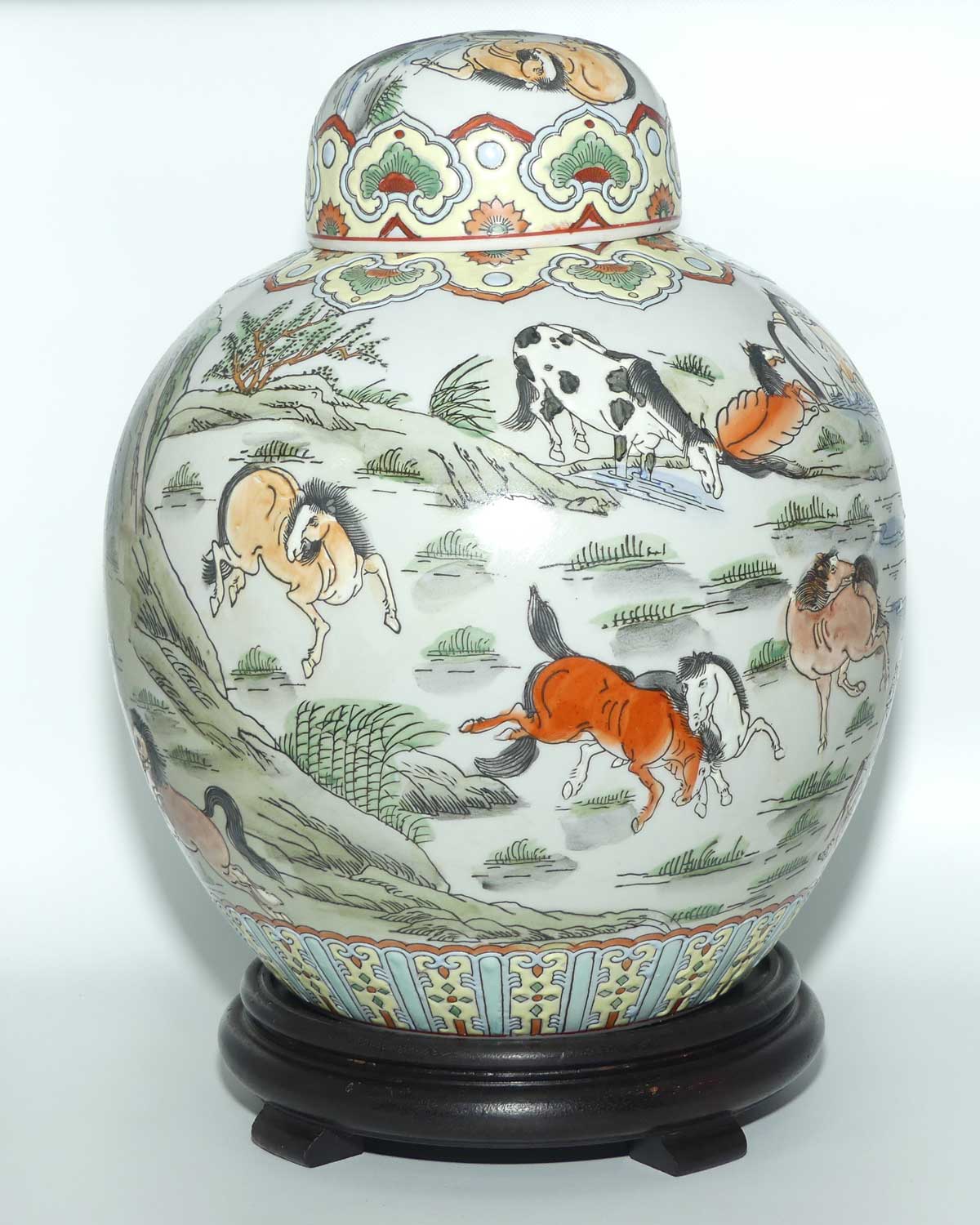 Mid Century Chinese Ginger Jar on stand | Decorated with many Horses