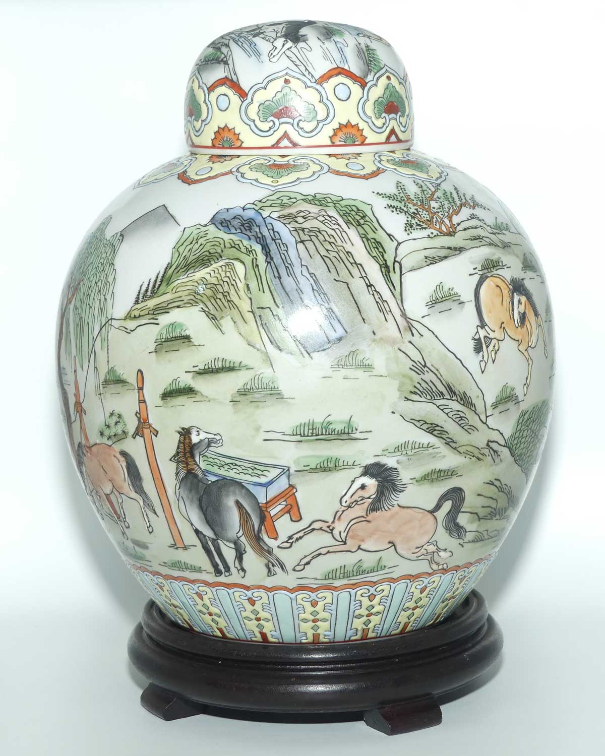 Mid Century Chinese Ginger Jar on stand | Decorated with many Horses