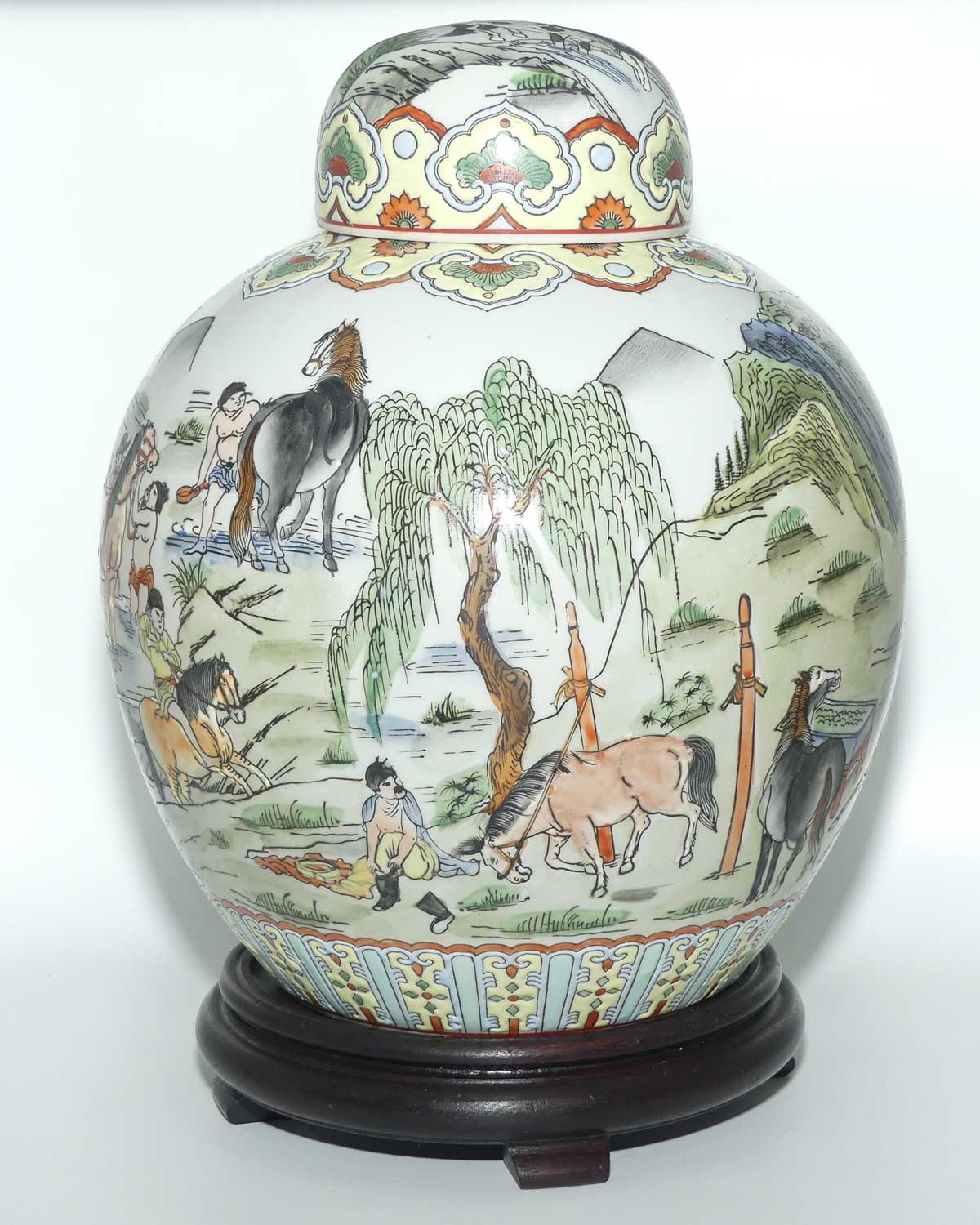 Mid Century Chinese Ginger Jar on stand | Decorated with many Horses