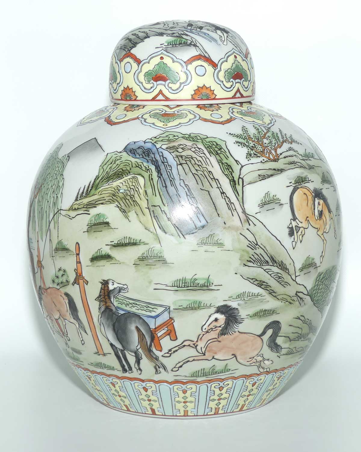 Mid Century Chinese Ginger Jar on stand | Decorated with many Horses