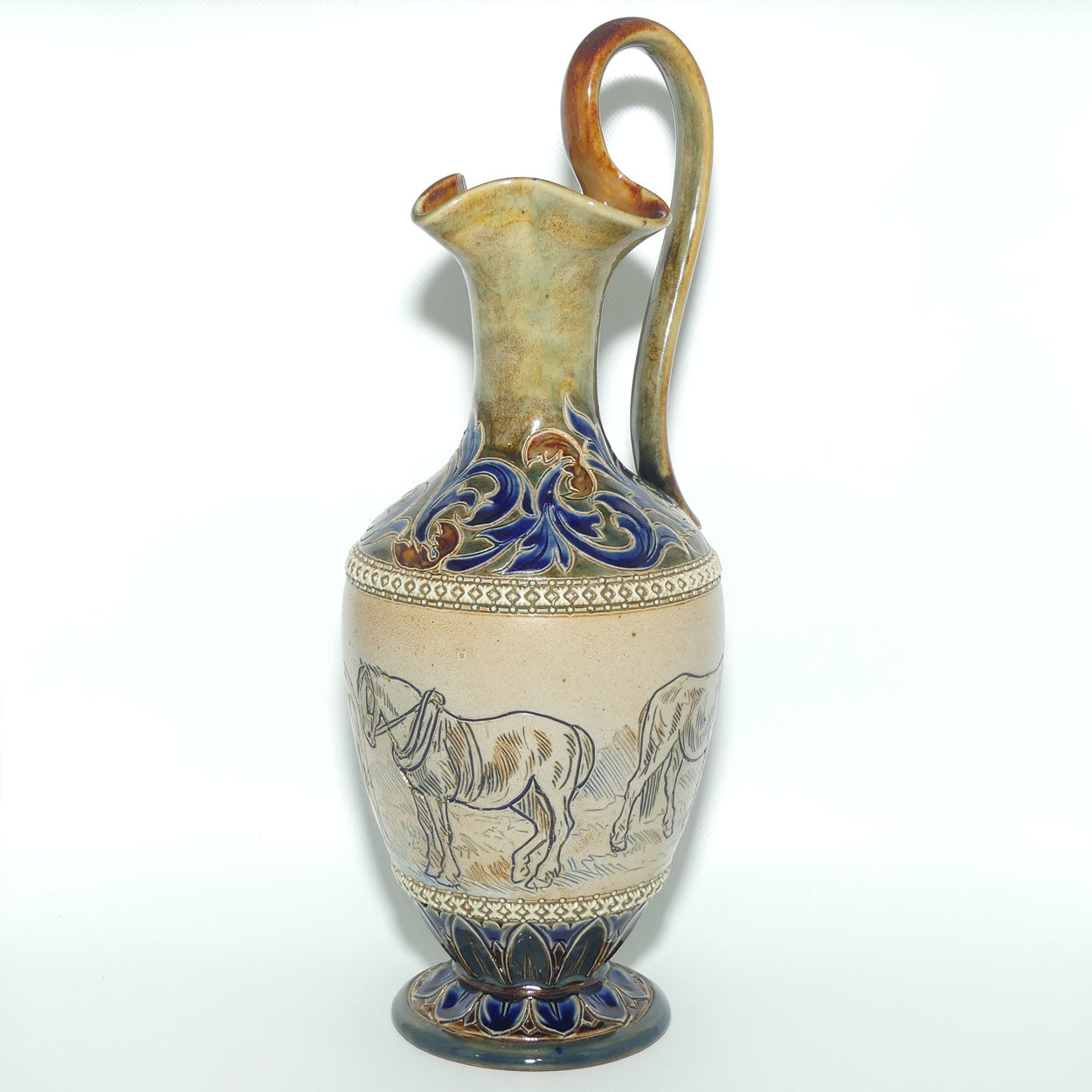 Doulton Lambeth Hannah Barlow stoneware Heavy Horses ewer with applied diamond shape beading and high loop handle