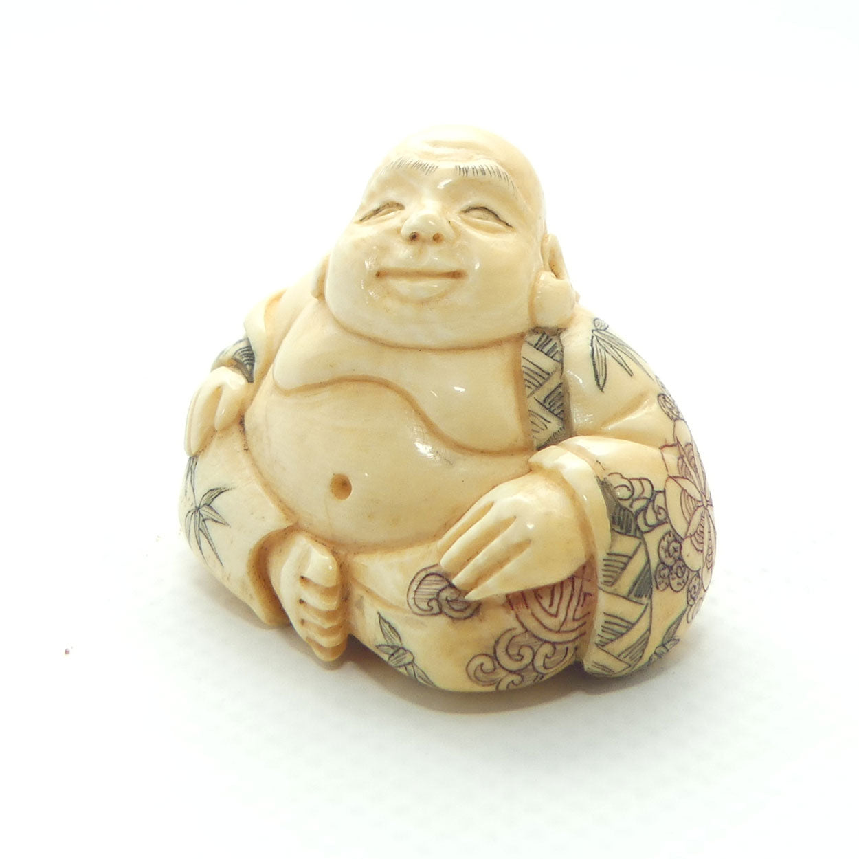 Japanese Carved Ivory Netsuke | Seated Happy Buddha | Hotei | signed