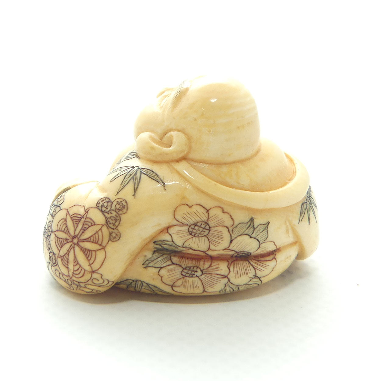 Japanese Carved Ivory Netsuke | Seated Happy Buddha | Hotei | signed