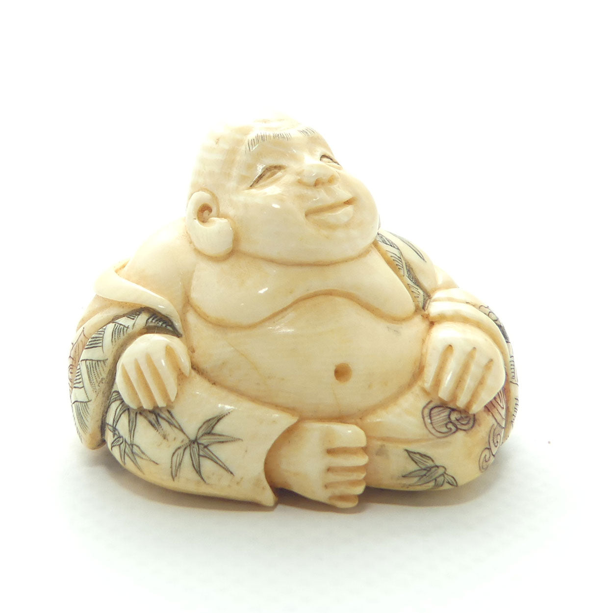 Japanese Carved Ivory Netsuke | Seated Happy Buddha | Hotei | signed