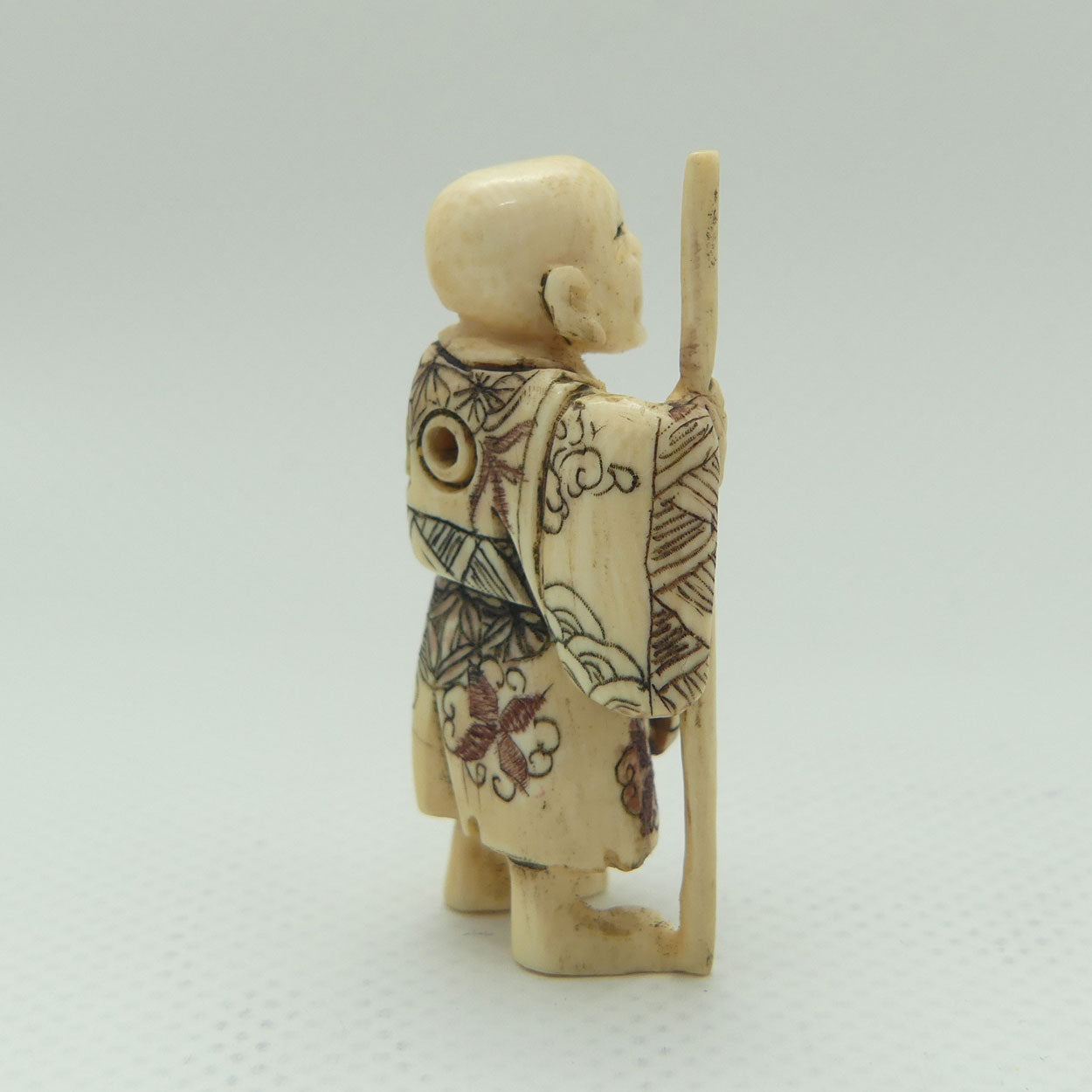 Japanese Carved Ivory Netsuke | Hotei with Staff | signed