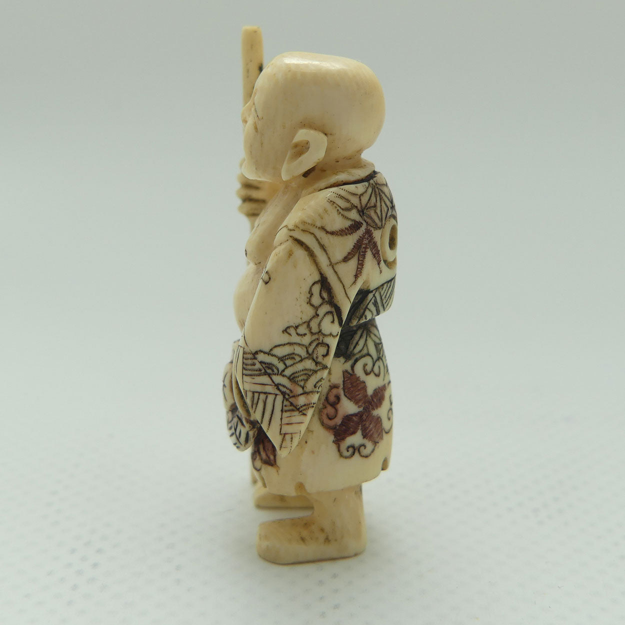 Japanese Carved Ivory Netsuke | Hotei with Staff | signed