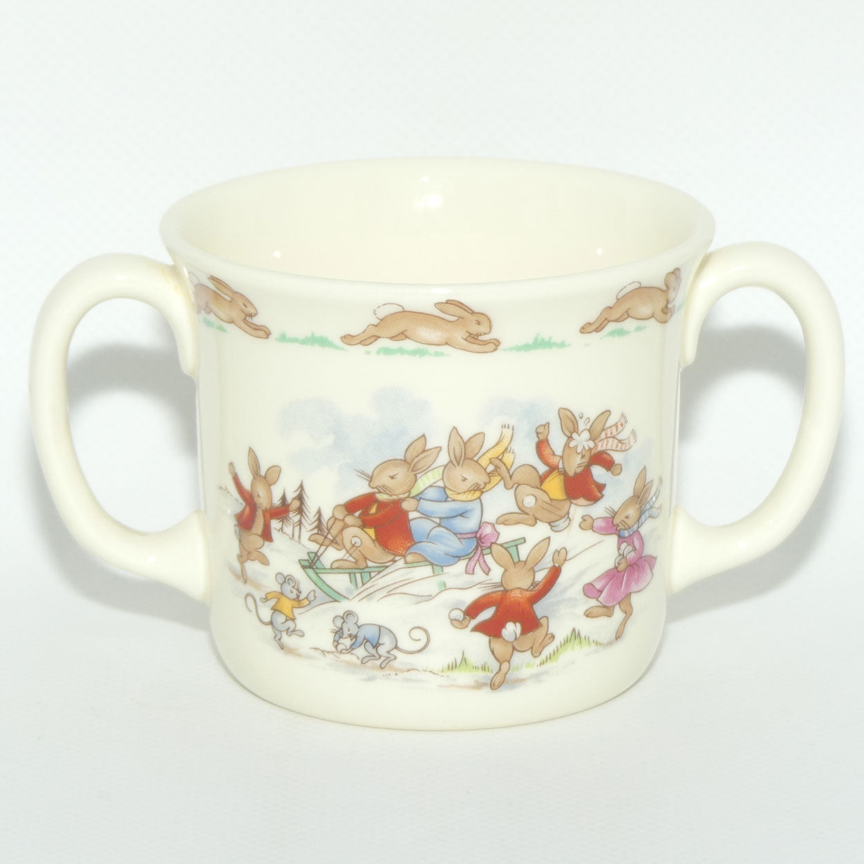 Royal Doulton Bunnykins Sledding | Snowball Fight hug a mug | boxed