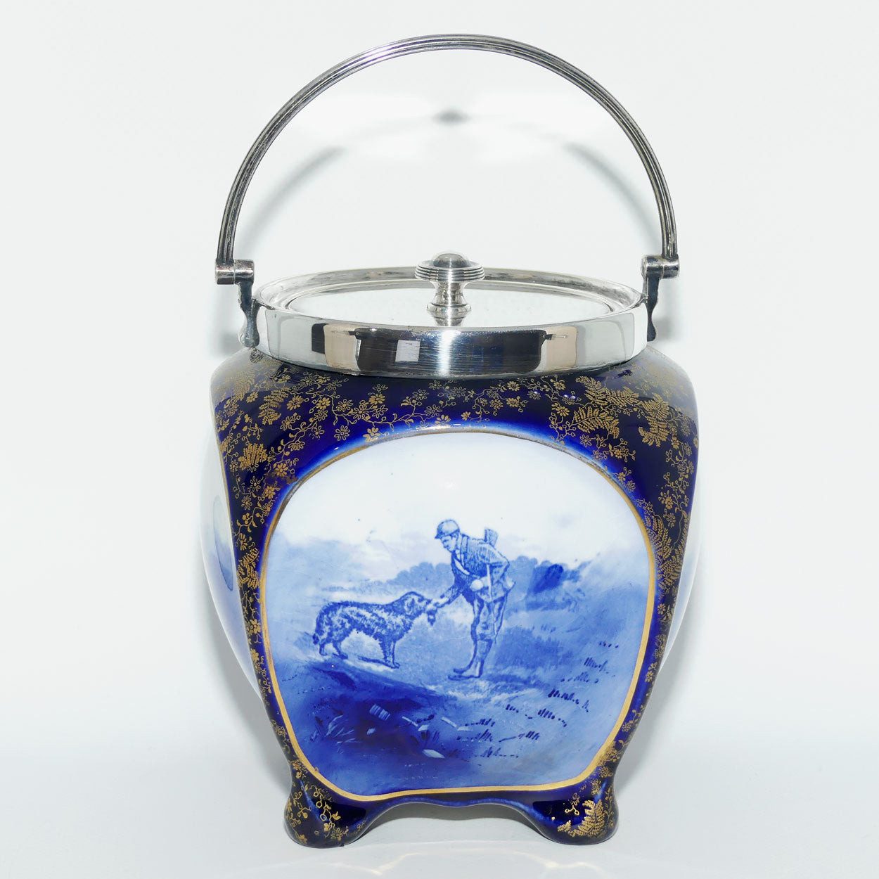 Doulton Burslem Hunting and Game Keeping unusual biscuit barrel with EPNS handle and lid