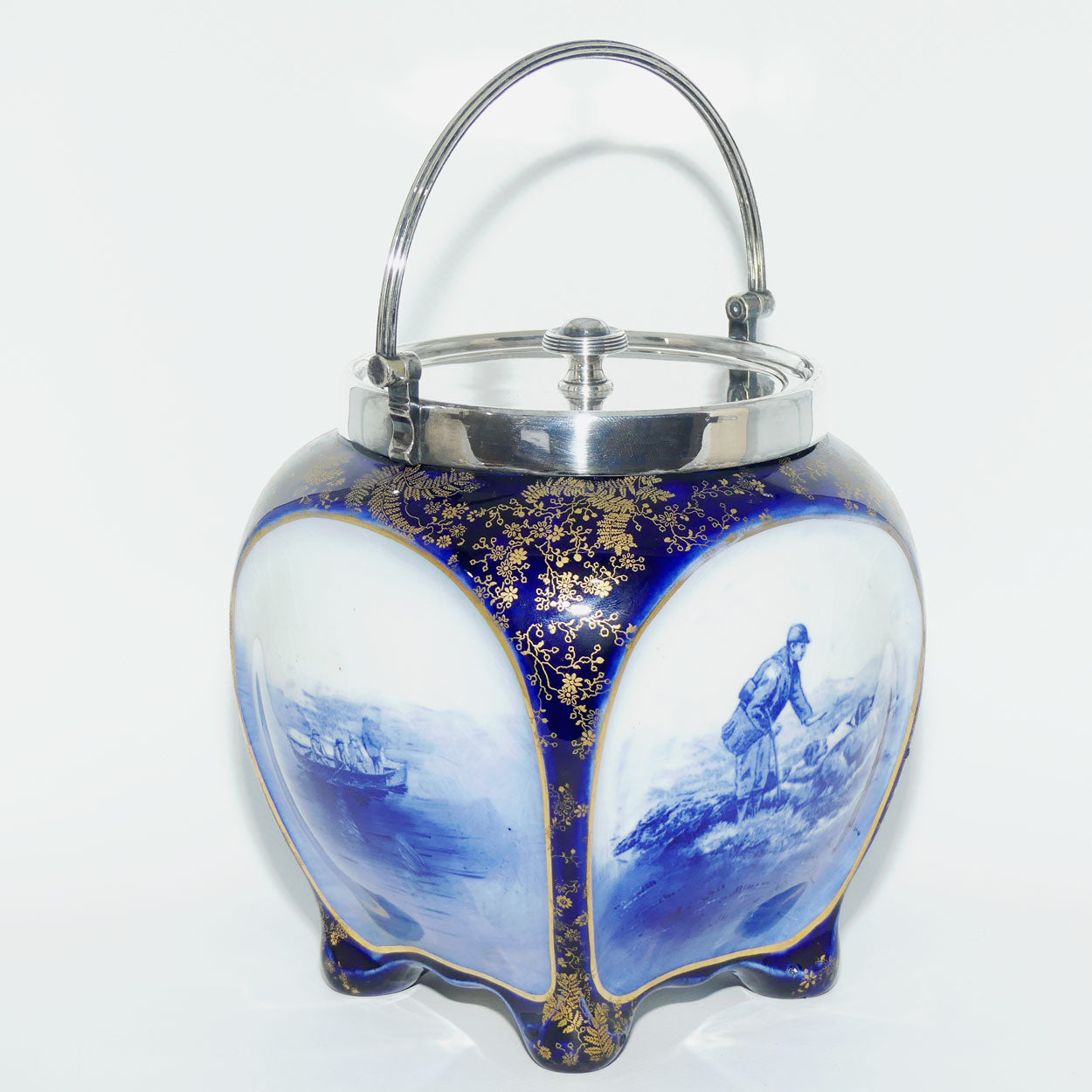 Doulton Burslem Hunting and Game Keeping unusual biscuit barrel with EPNS handle and lid