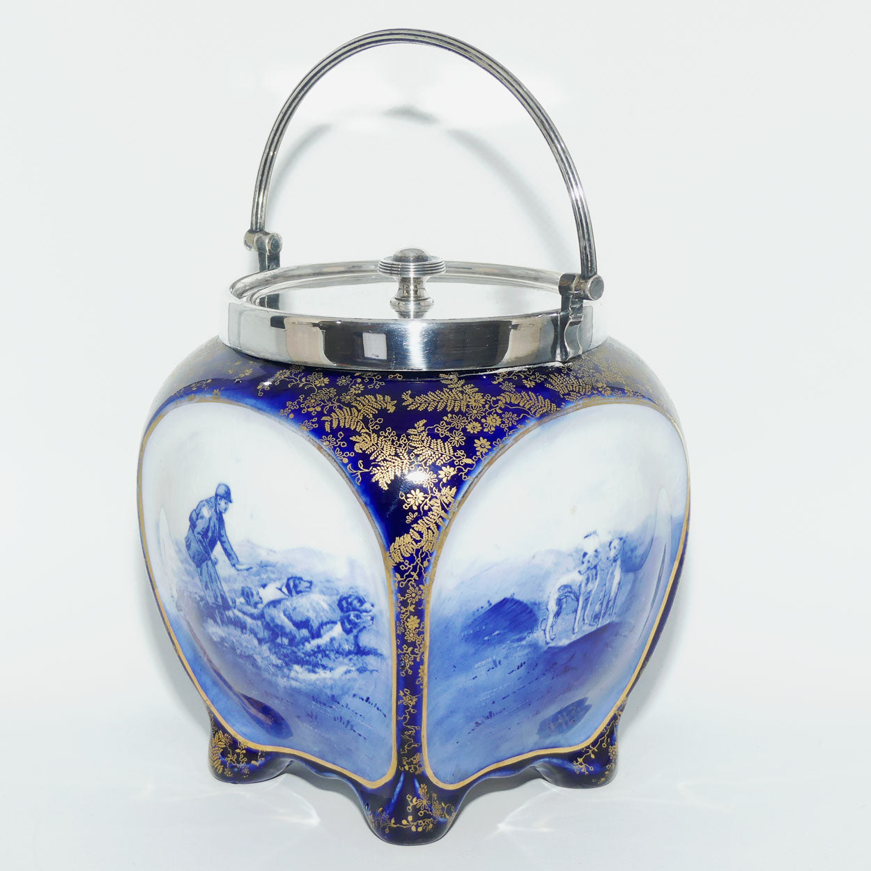 Doulton Burslem Hunting and Game Keeping unusual biscuit barrel with EPNS handle and lid