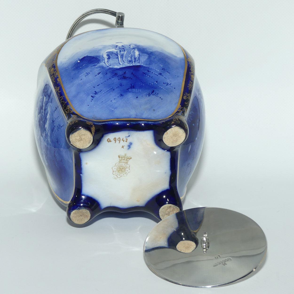 Doulton Burslem Hunting and Game Keeping unusual biscuit barrel with EPNS handle and lid