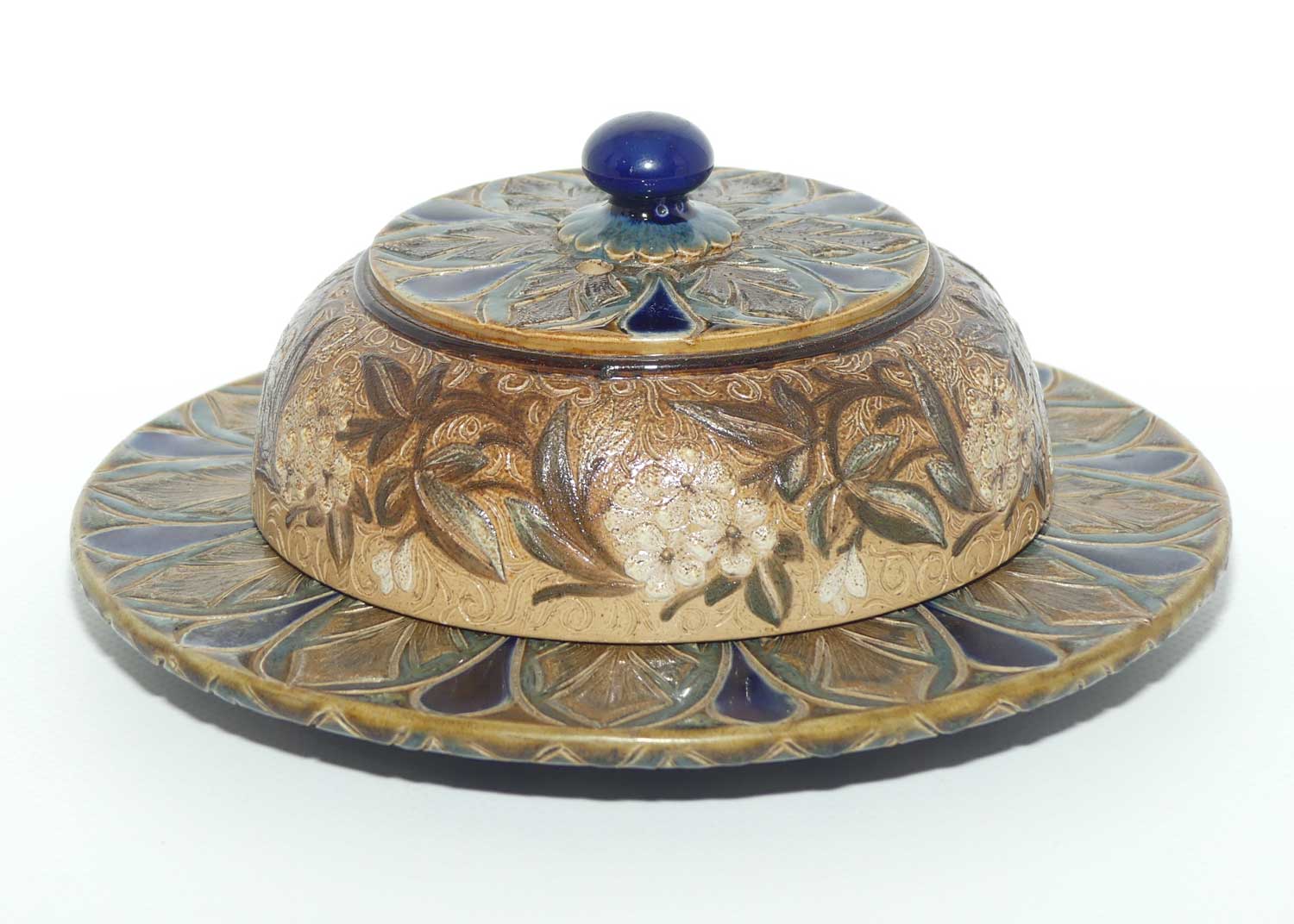 Doulton Lambeth extensively decorated and patterned butter dish | c.1883 | by John Huskisson