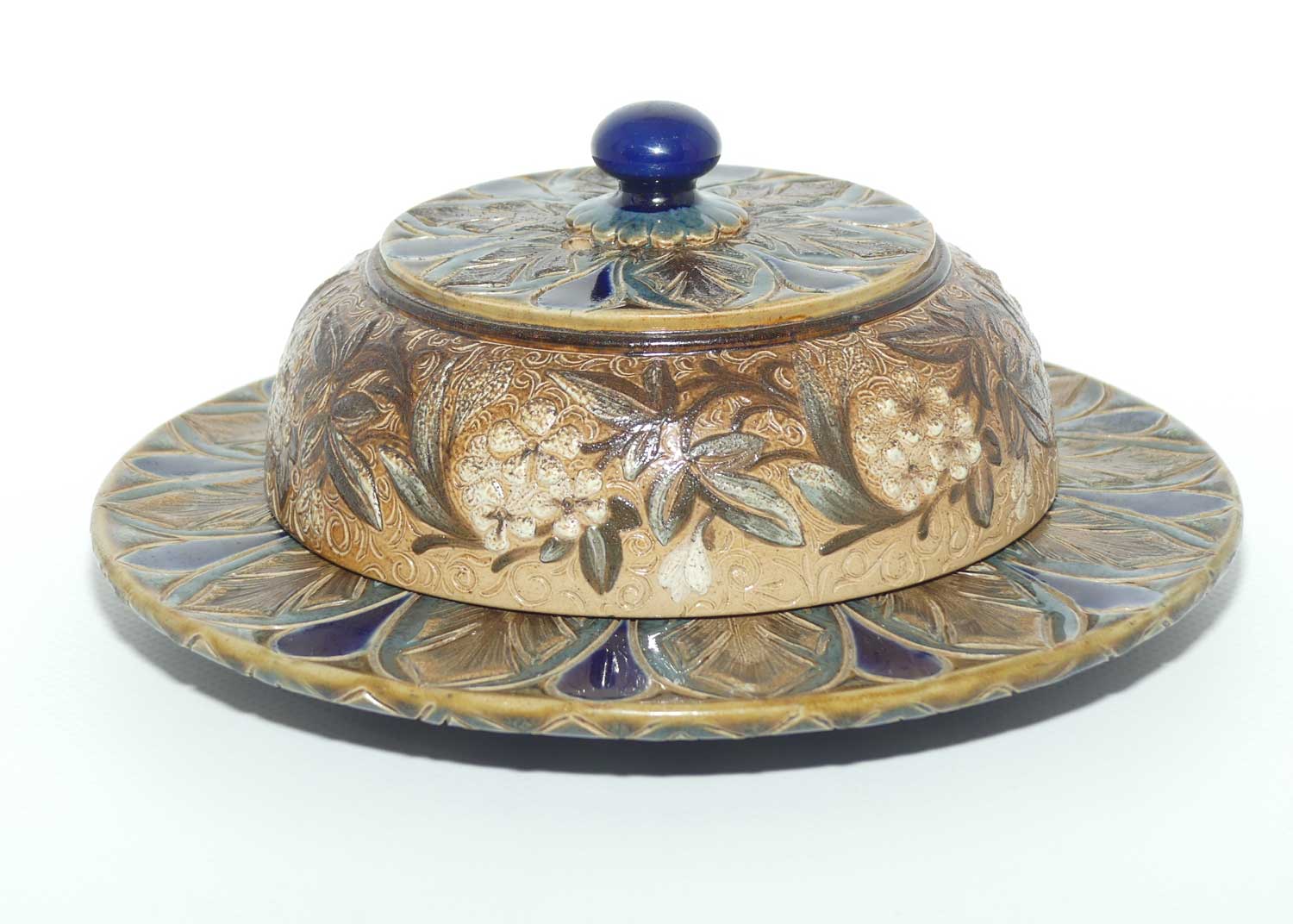 Doulton Lambeth extensively decorated and patterned butter dish | c.1883 | by John Huskisson