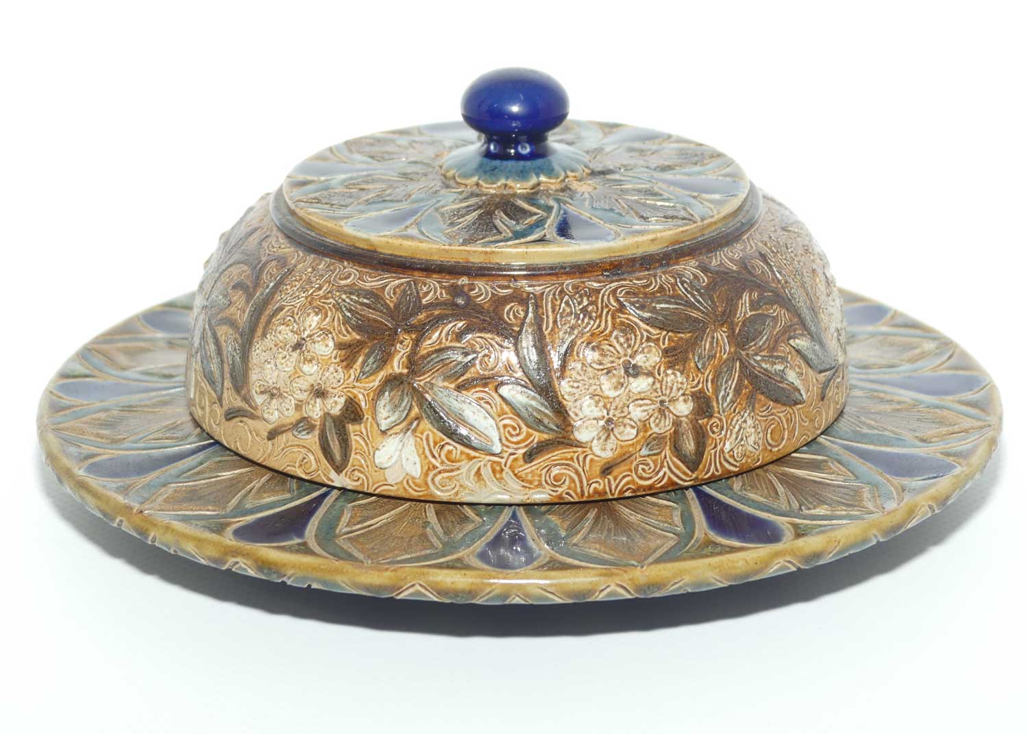 Doulton Lambeth extensively decorated and patterned butter dish | c.1883 | by John Huskisson