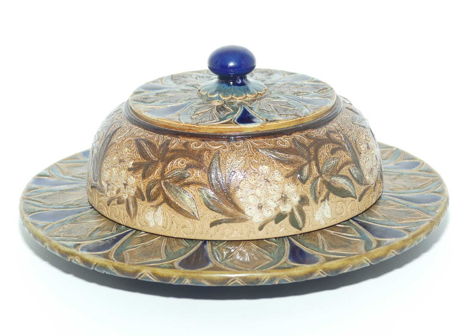 Doulton Lambeth extensively decorated and patterned butter dish | c.1883 | by John Huskisson