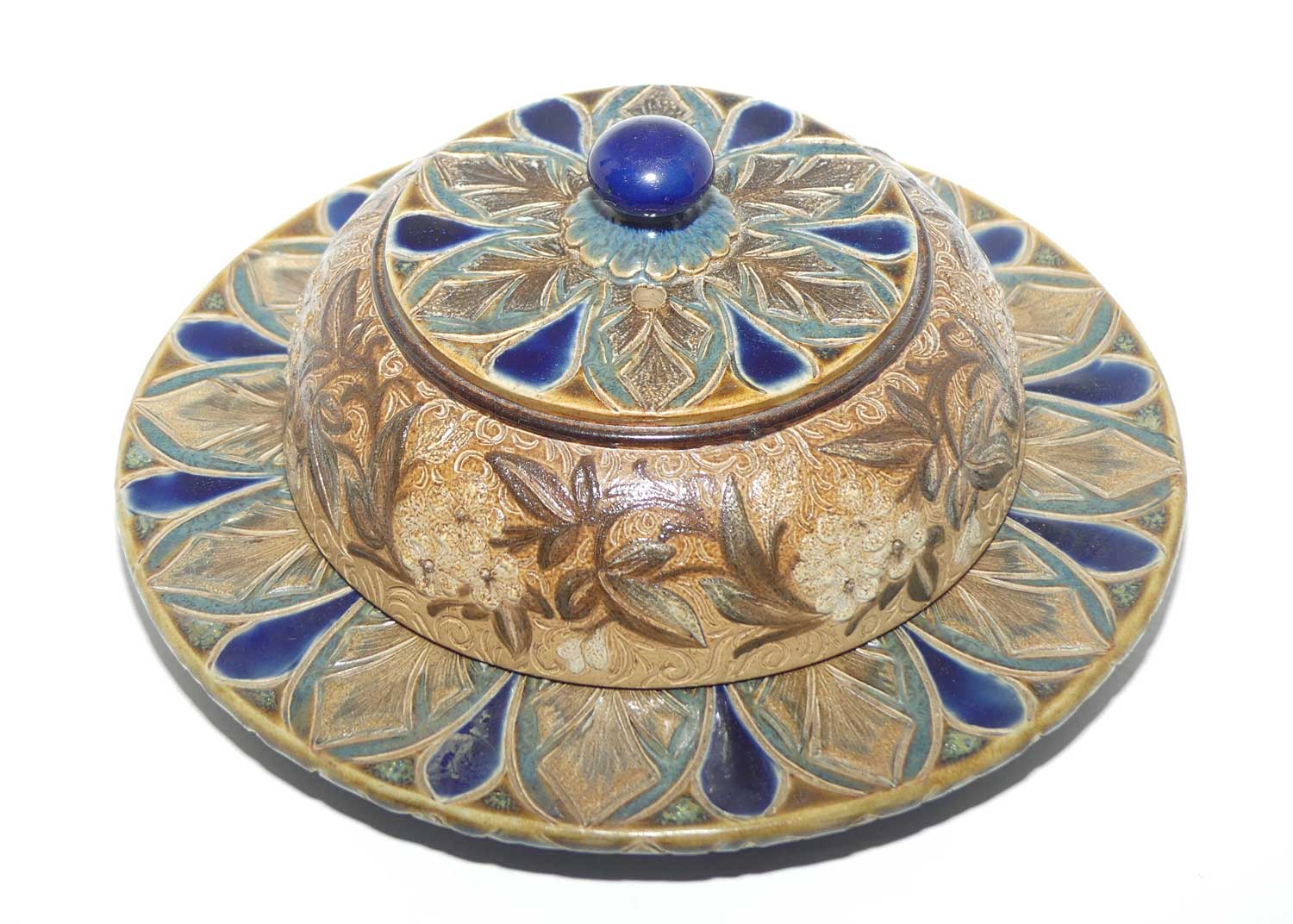 Doulton Lambeth extensively decorated and patterned butter dish | c.1883 | by John Huskisson