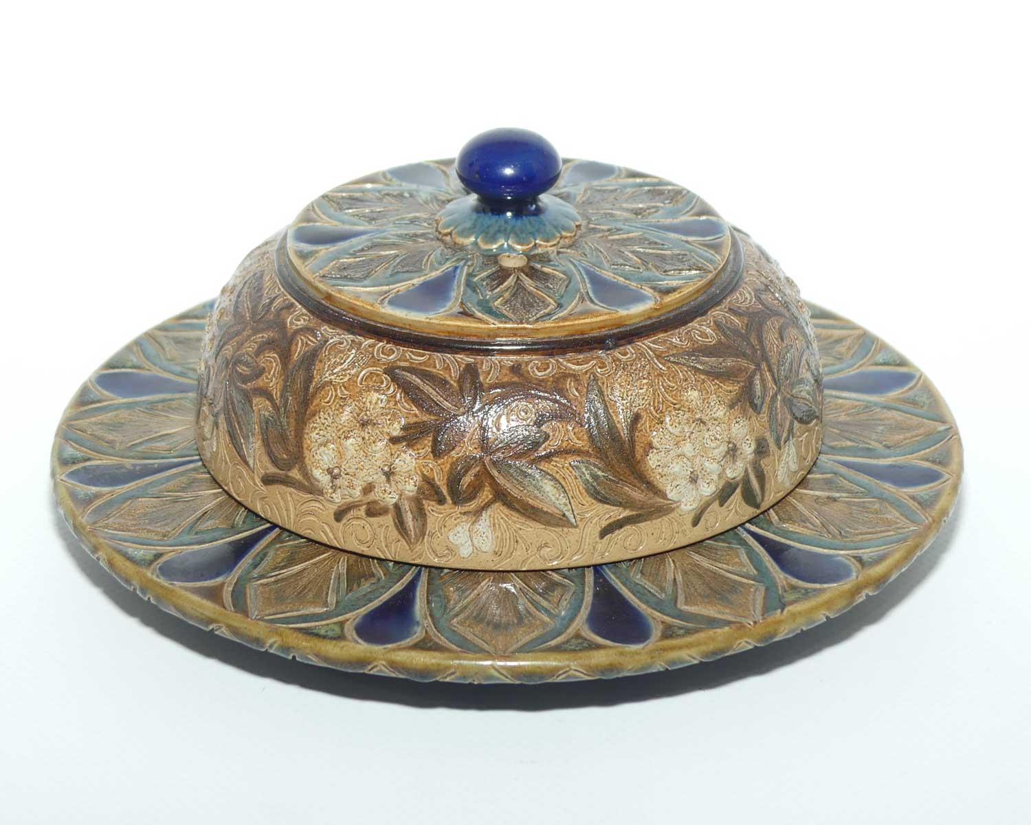 Doulton Lambeth extensively decorated and patterned butter dish | c.1883 | by John Huskisson