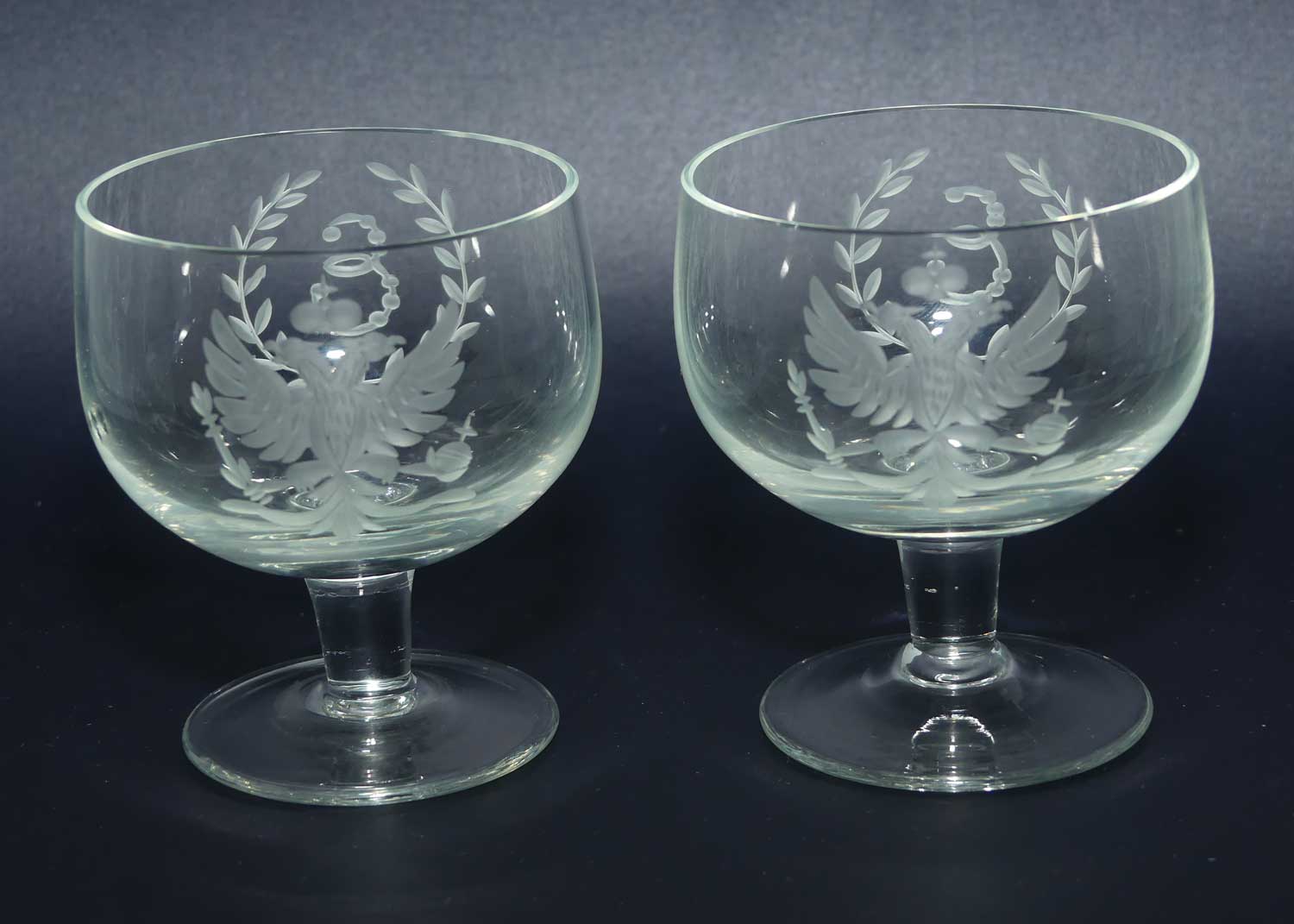 Pair of Russian Imperial Double Eagle Wheel Cut decorated glasses