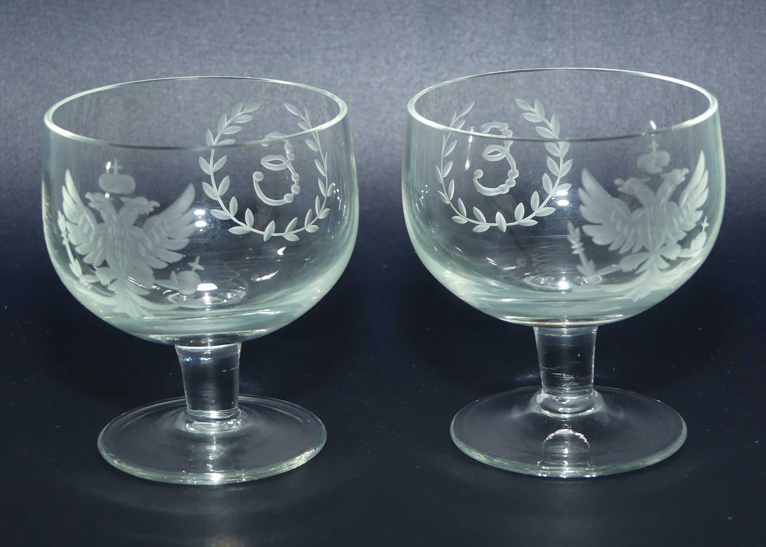 Pair of Russian Imperial Double Eagle Wheel Cut decorated glasses