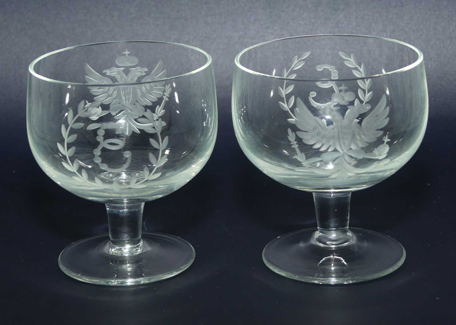 Pair of Russian Imperial Double Eagle Wheel Cut decorated glasses