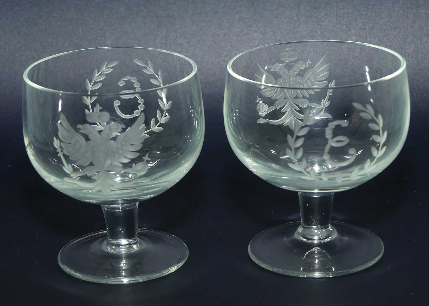 Pair of Russian Imperial Double Eagle Wheel Cut decorated glasses